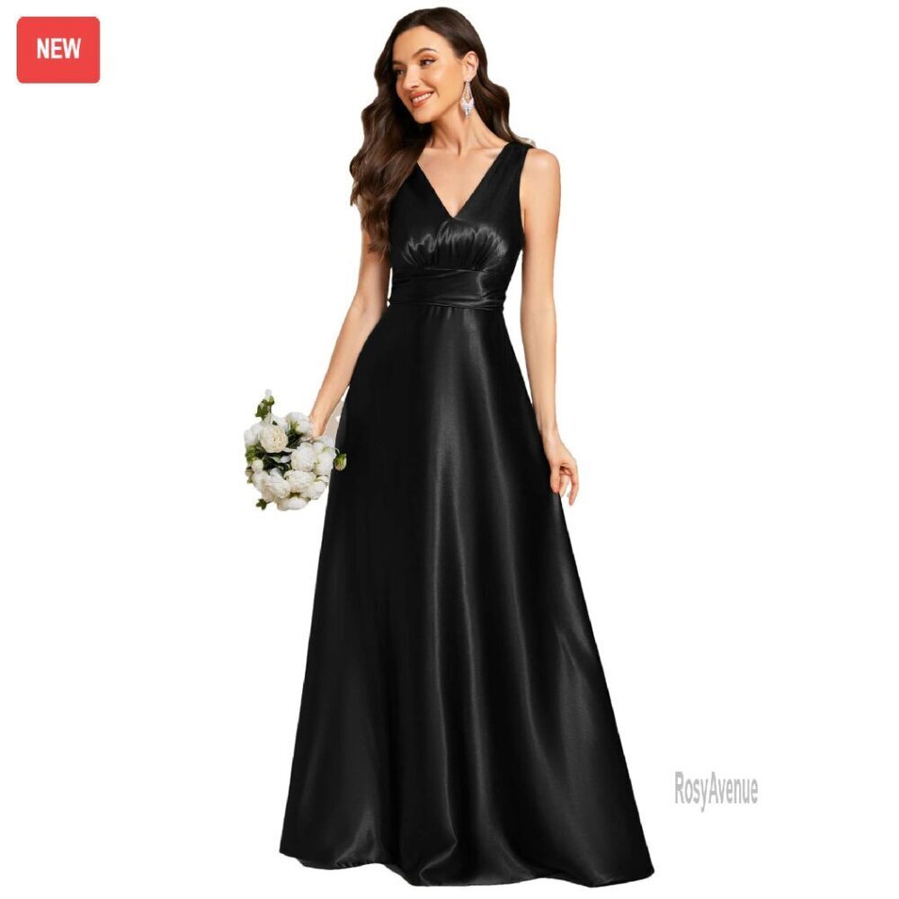 Floor Length Satin Formal Dress with Pockets Empire Waist V Neck